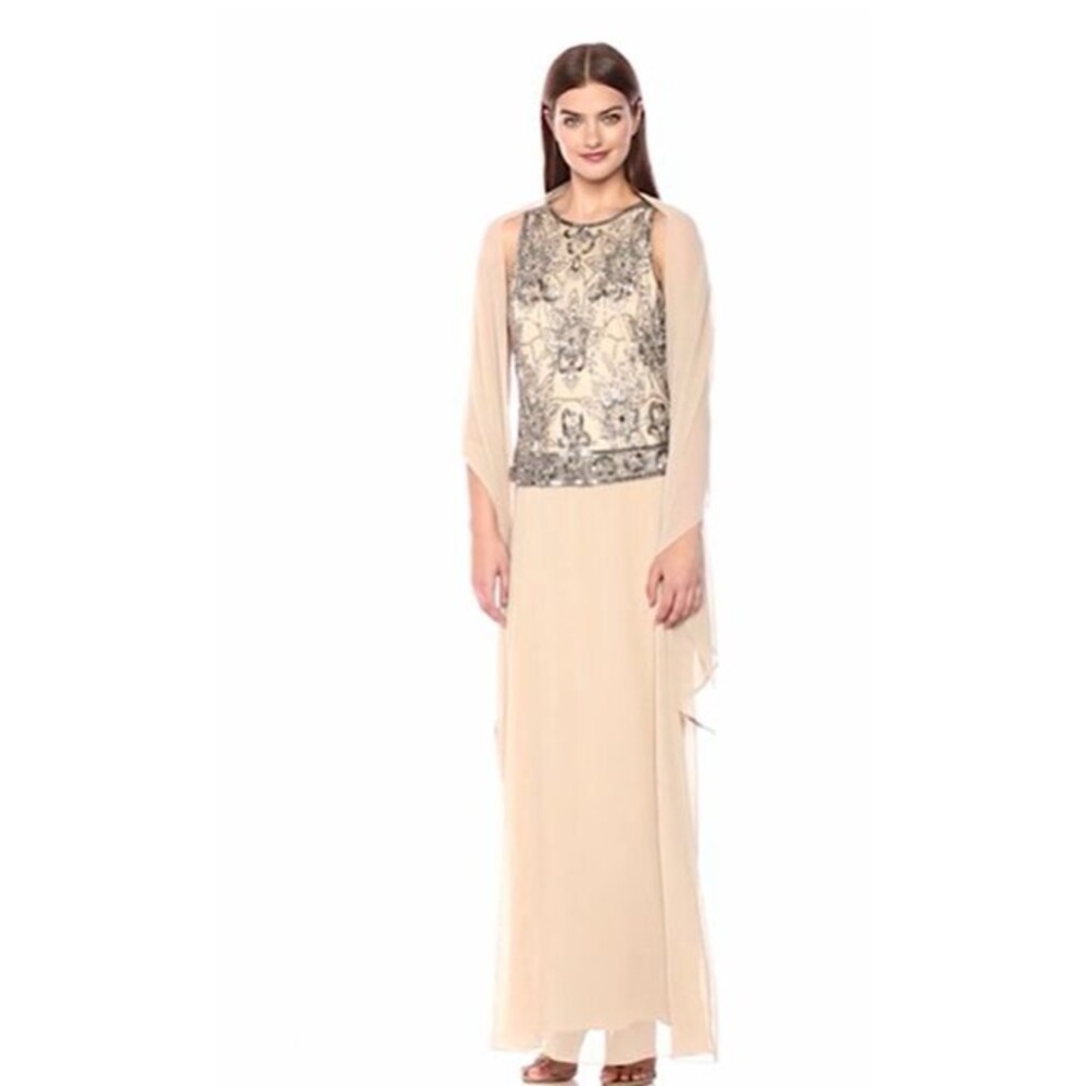 J Kara Beaded Sleeveless Gown w Scarf - Mother of Bride - Camel - 6 Petite - NEW